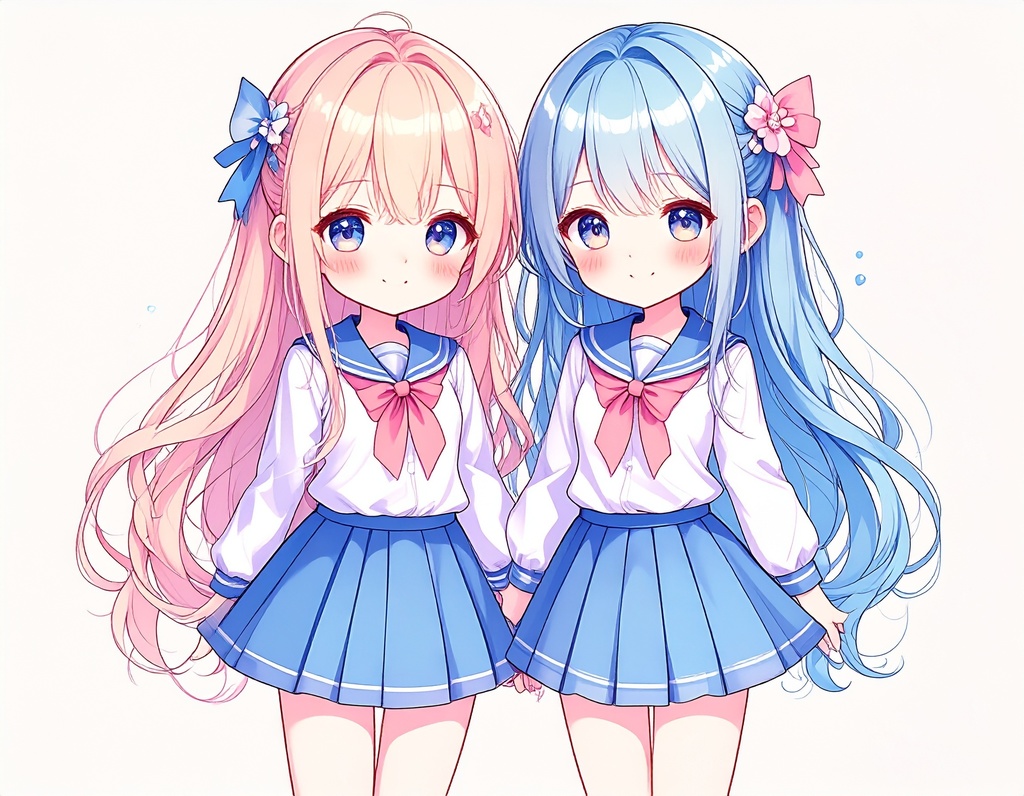 【双子風セーラー服】透明感あふれるミニキャラ女の子イラスト【アイコン・デザイン素材】
