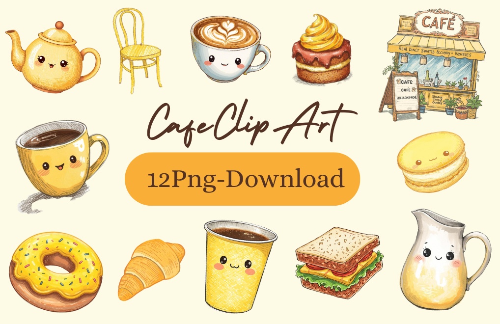 Cafe Clip Art｜手描き風・色鉛筆風のカフェシリーズ
