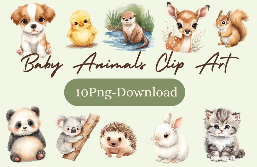 Baby Animals Clip Art｜水彩画風かわいい動物の赤ちゃん10点セット（PNG・背景透過）