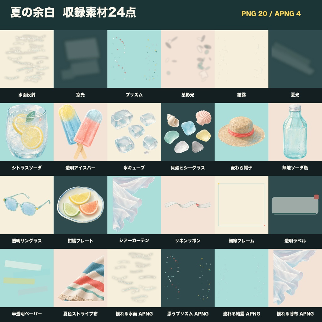 【無料あり】夏の余白 - TRPG・配信向け海辺の涼感コラージュ素材パック【透過PNG/APNG】