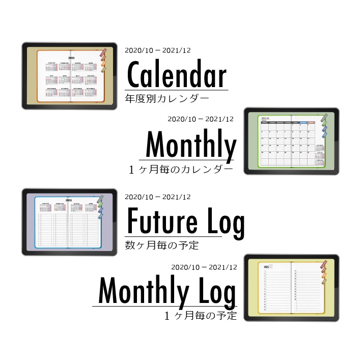 デジプラ│20’09〜21’12│4色セット│リンク付き!iPadで使えるシンプルで可愛いデジタルプランナー<4色セットでお得>