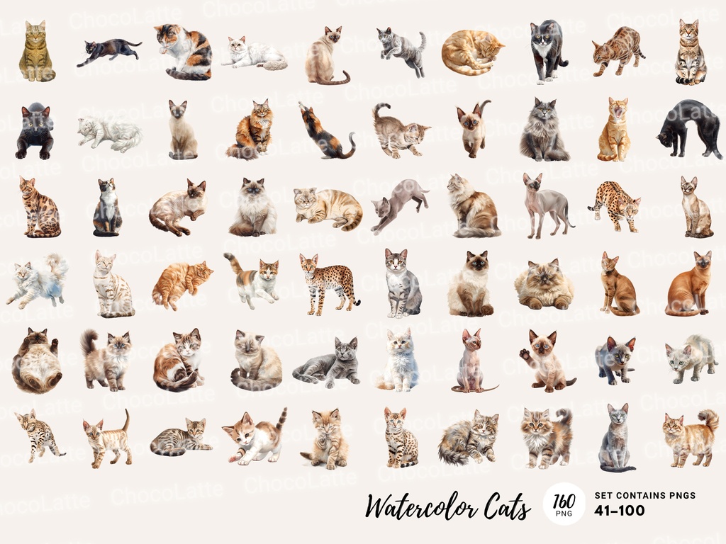 200点セット|水彩猫クリップアート PNG|160匹の猫+ハロウィン&クリスマス イラスト各20点|カード・ステッカー・DIY用 デジタルイラスト 素材