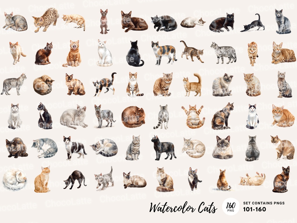 200点セット|水彩猫クリップアート PNG|160匹の猫+ハロウィン&クリスマス イラスト各20点|カード・ステッカー・DIY用 デジタルイラスト 素材