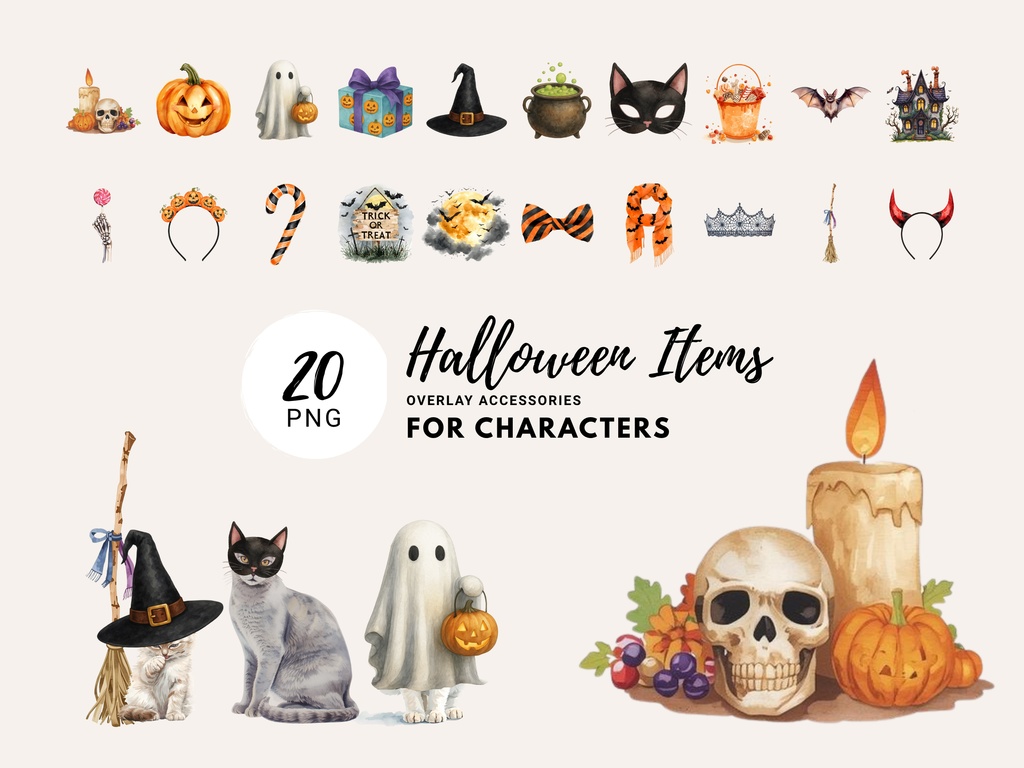 200点セット|水彩猫クリップアート PNG|160匹の猫+ハロウィン&クリスマス イラスト各20点|カード・ステッカー・DIY用 デジタルイラスト 素材