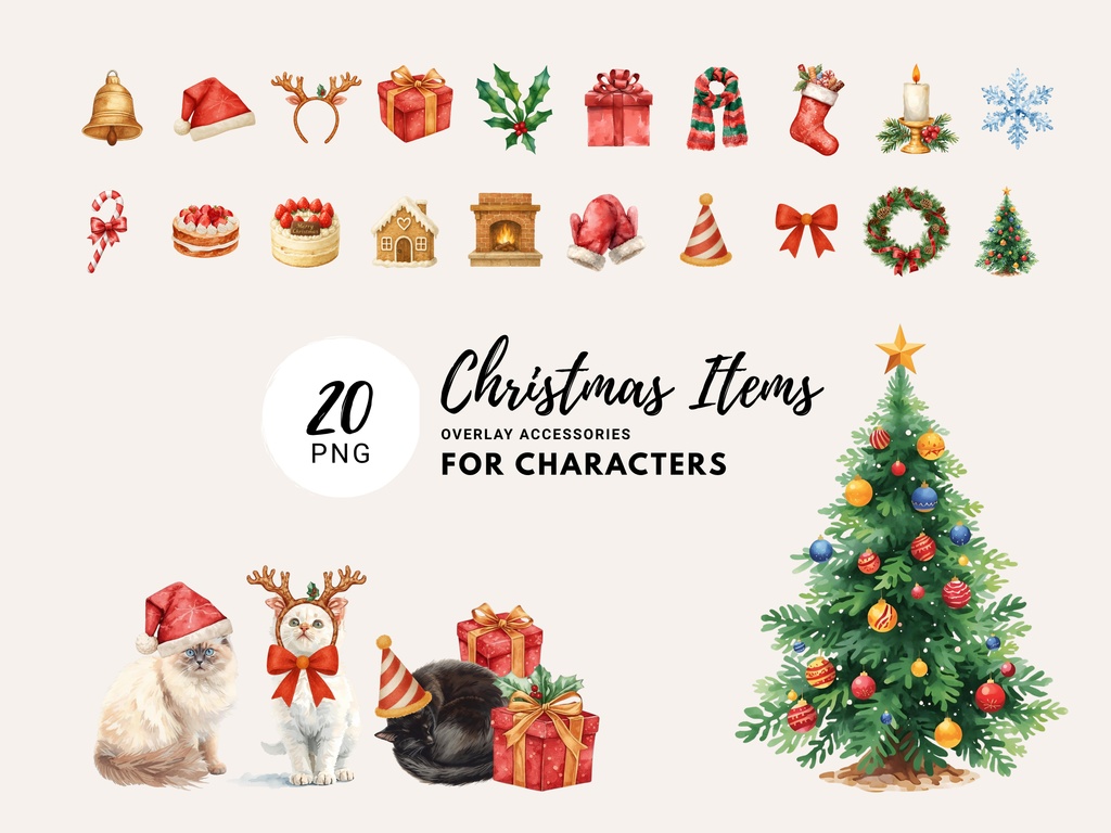 200点セット|水彩猫クリップアート PNG|160匹の猫+ハロウィン&クリスマス イラスト各20点|カード・ステッカー・DIY用 デジタルイラスト 素材