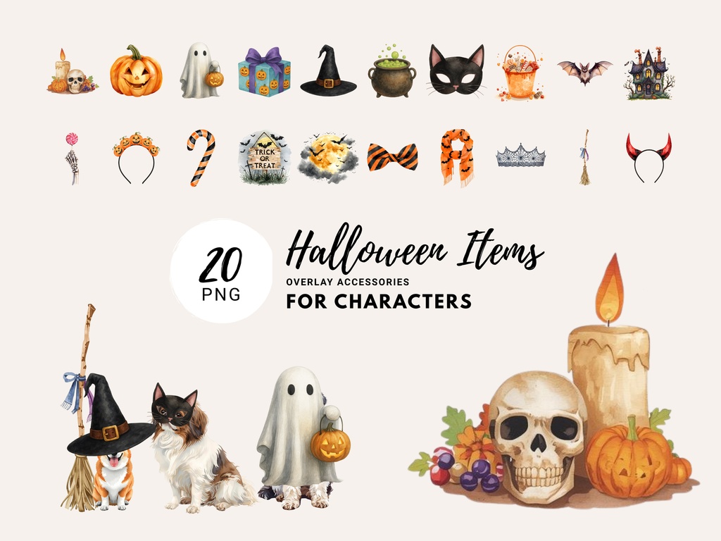 200点セット|水彩犬クリップアート PNG|160匹の犬+ハロウィン&クリスマス イラスト各20点|カード・ステッカー・DIY用 デジタルイラスト 素材