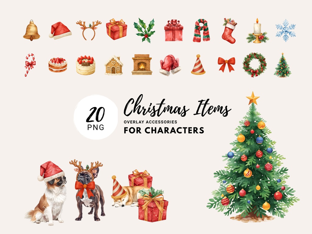 200点セット|水彩犬クリップアート PNG|160匹の犬+ハロウィン&クリスマス イラスト各20点|カード・ステッカー・DIY用 デジタルイラスト 素材