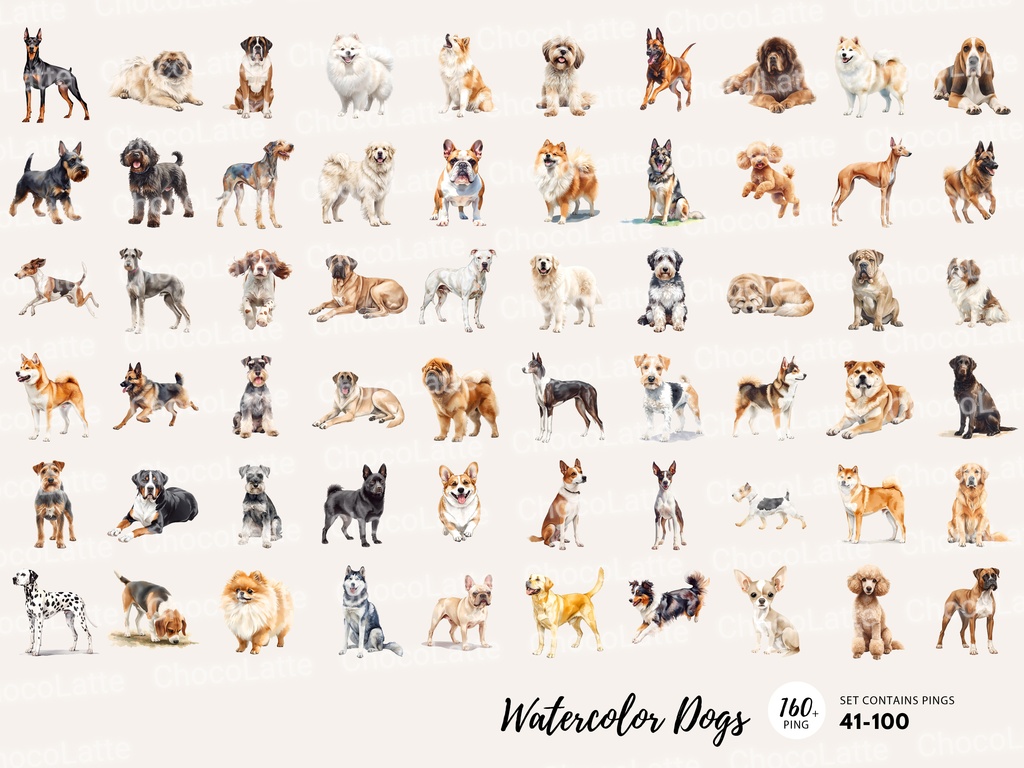 200点セット|水彩犬クリップアート PNG|160匹の犬+ハロウィン&クリスマス イラスト各20点|カード・ステッカー・DIY用 デジタルイラスト 素材