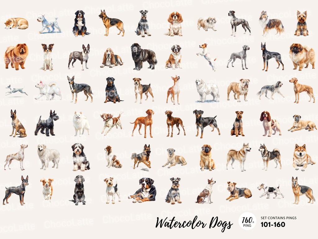 200点セット|水彩犬クリップアート PNG|160匹の犬+ハロウィン&クリスマス イラスト各20点|カード・ステッカー・DIY用 デジタルイラスト 素材