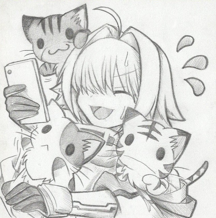 猫に絡まれるエレグの色紙イラスト 原画