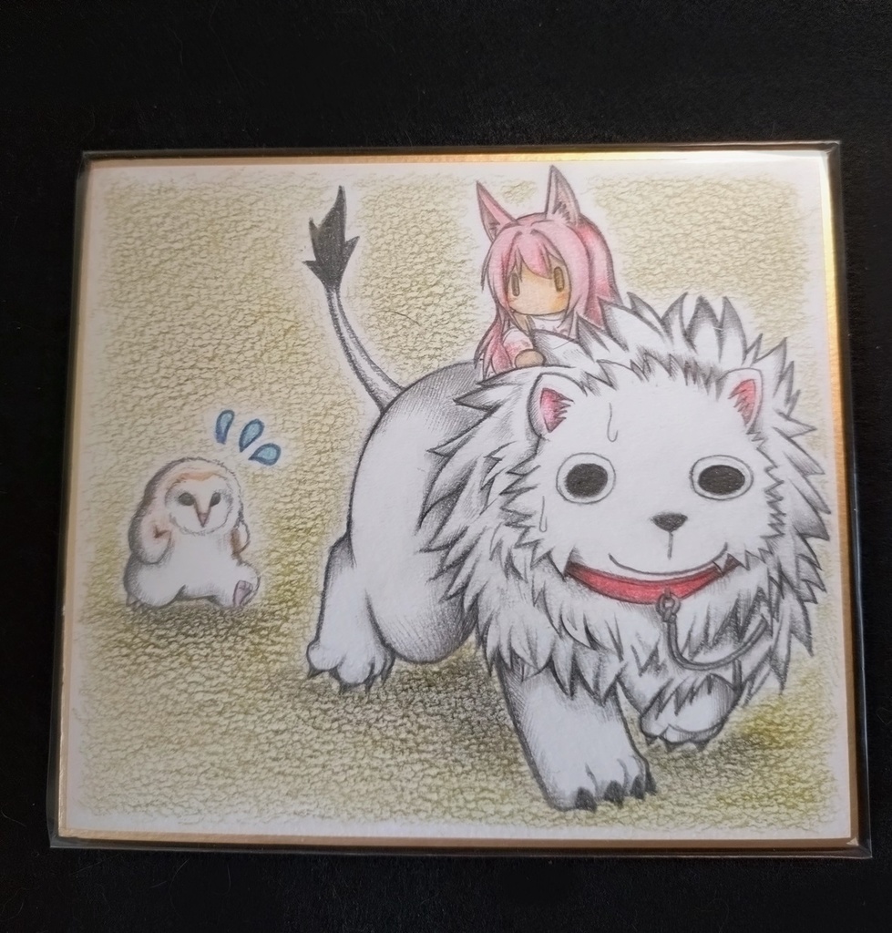 フクロウに追いかけられるティミの色紙イラスト 原画