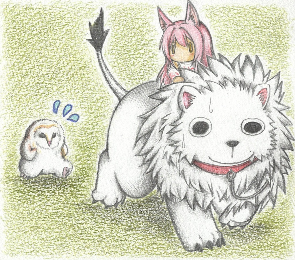 フクロウに追いかけられるティミの色紙イラスト 原画