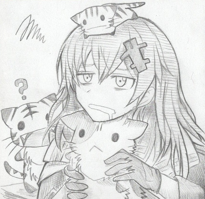 にゃんこに仕事の邪魔をされるユルハ 原画