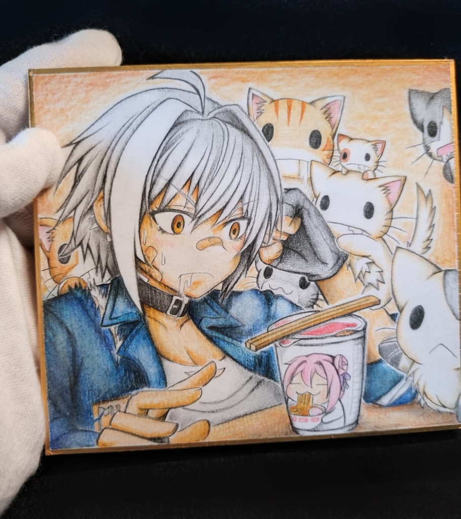 にゃんこに群がられてるモリーの色紙イラスト 原画