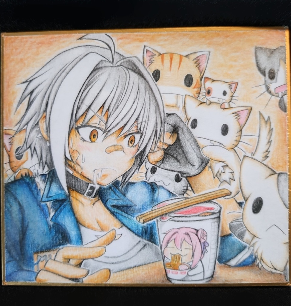 にゃんこに群がられてるモリーの色紙イラスト 原画