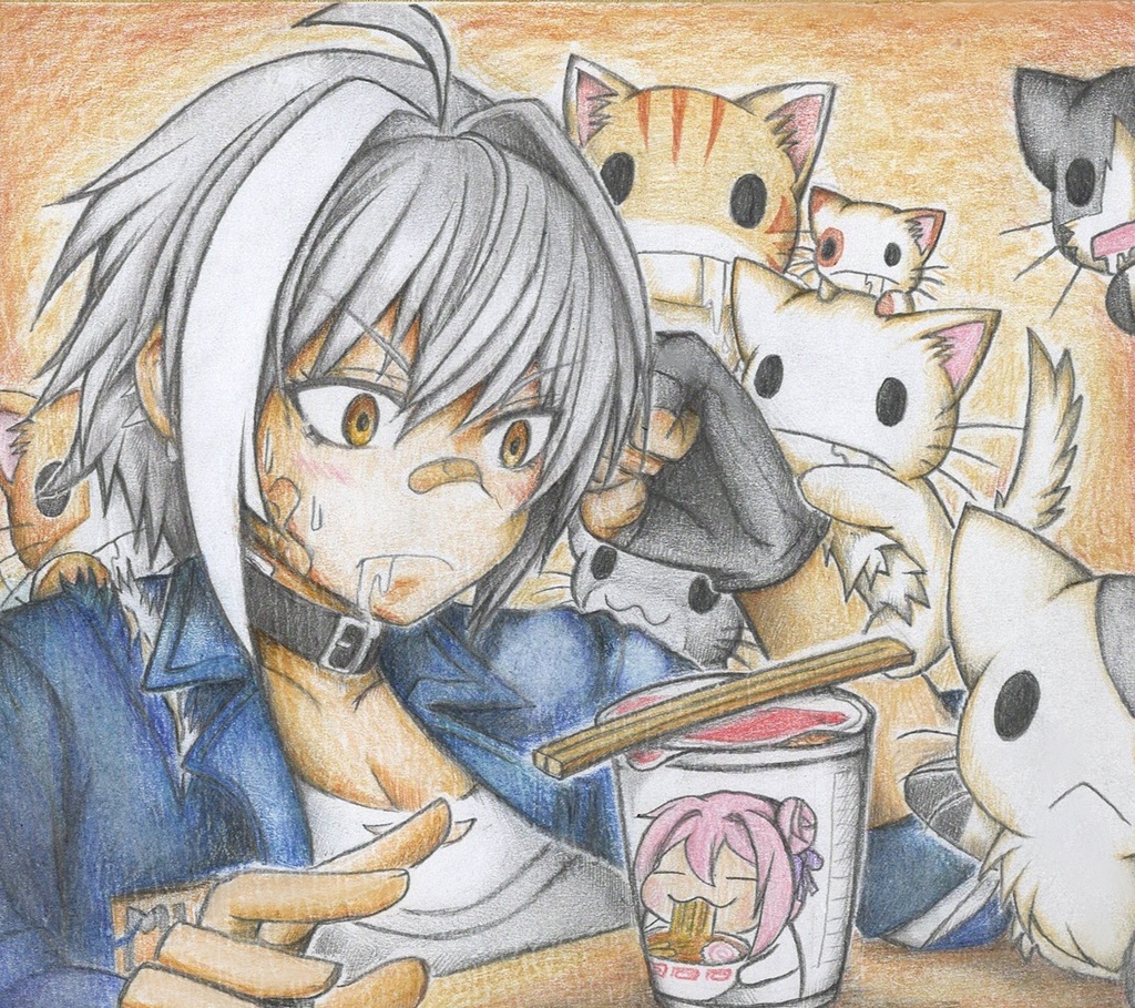 にゃんこに群がられてるモリーの色紙イラスト 原画