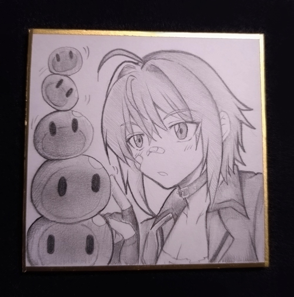 しずくに興味津々なモリーの色紙イラスト 原画