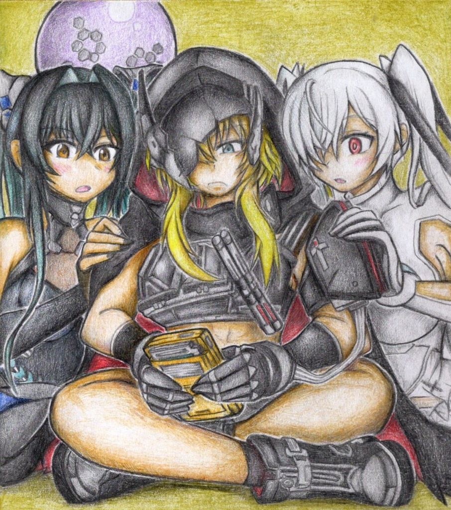 ゲームボーイで遊ぶグレイブ達の色紙イラスト 原画