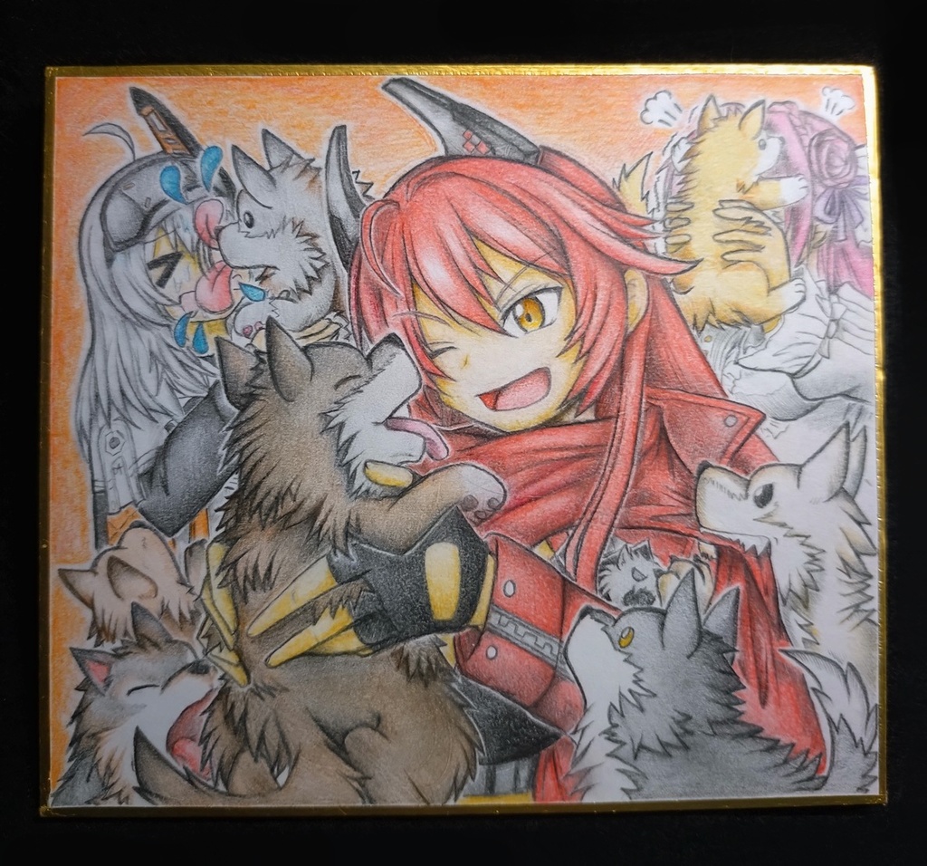 狼の子どもを拾ってきたレッドフードの色紙イラスト 原画