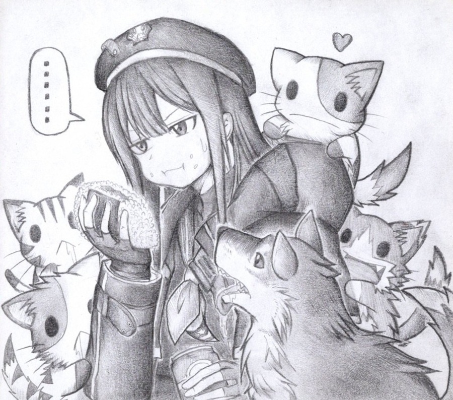野生動物におにぎりを狙われるウンファの色紙イラスト 原画