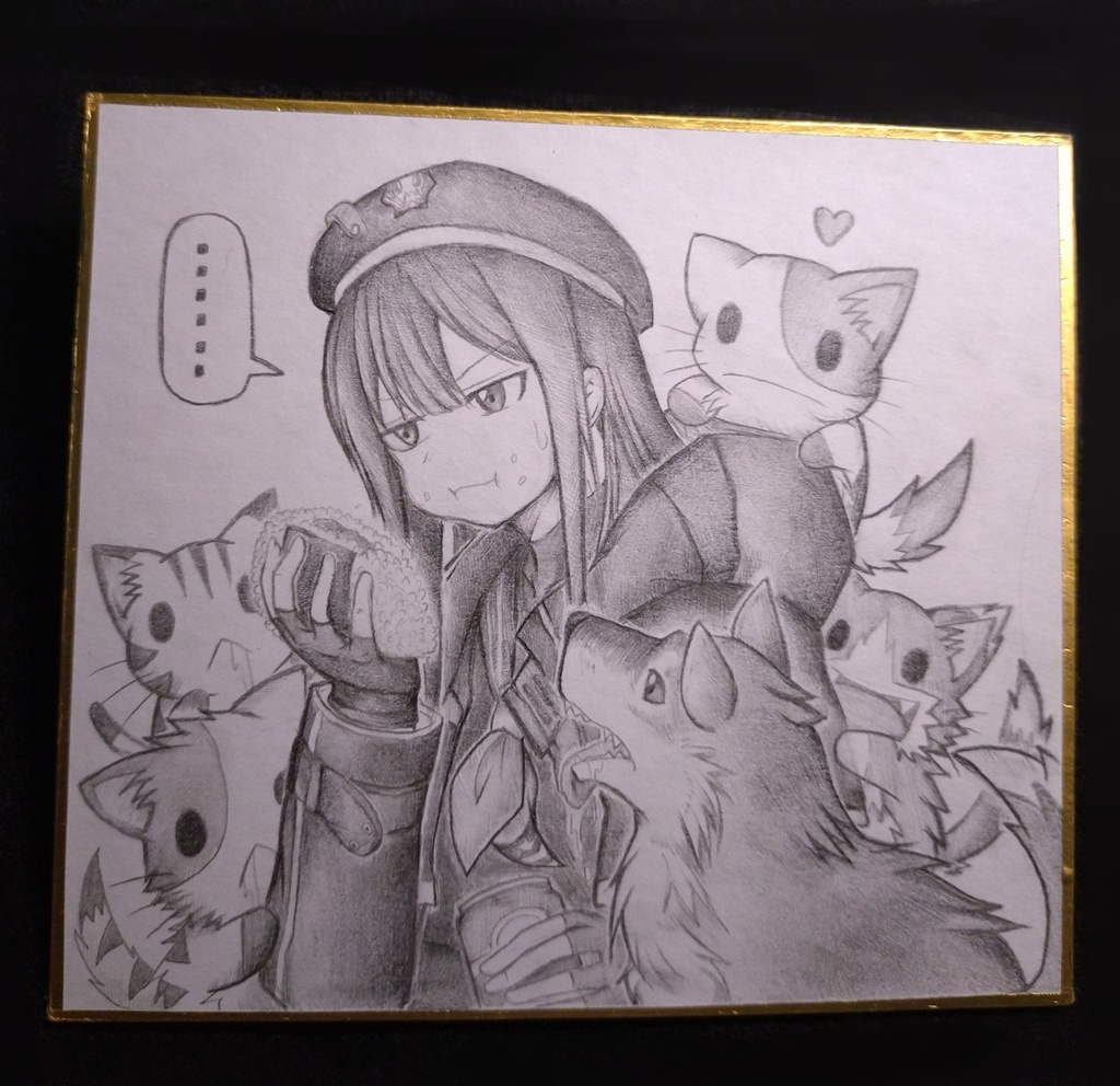 野生動物におにぎりを狙われるウンファの色紙イラスト 原画