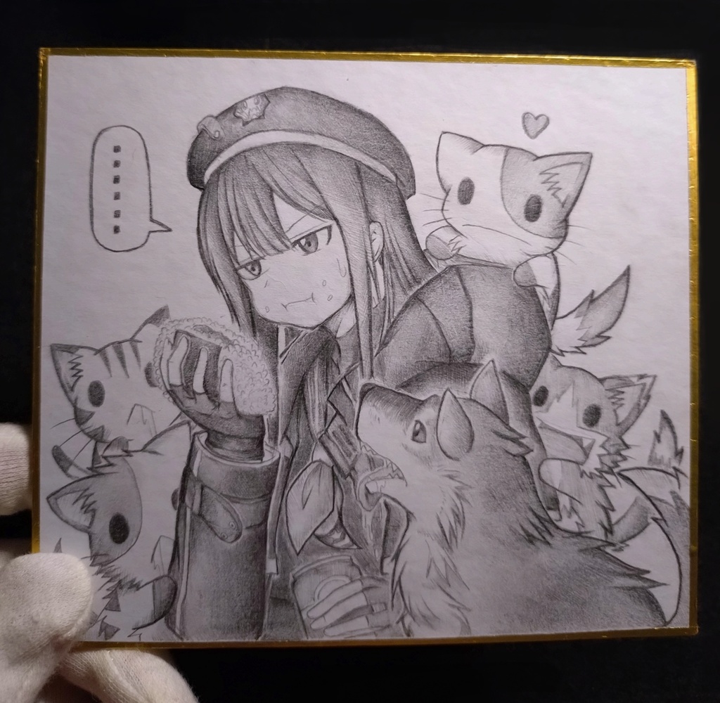 野生動物におにぎりを狙われるウンファの色紙イラスト 原画