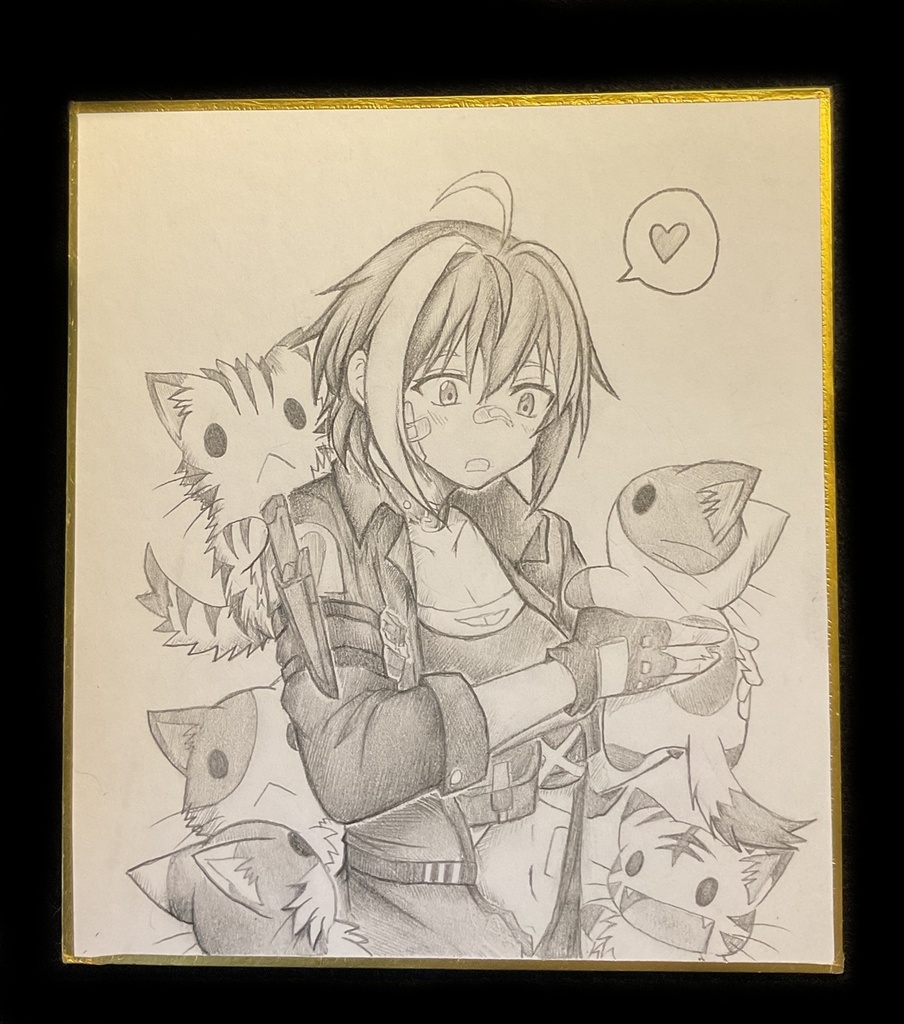 猫と戯れるモリーの色紙イラスト 原画