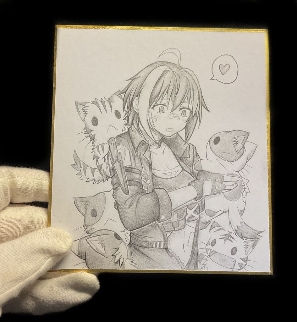 猫と戯れるモリーの色紙イラスト 原画