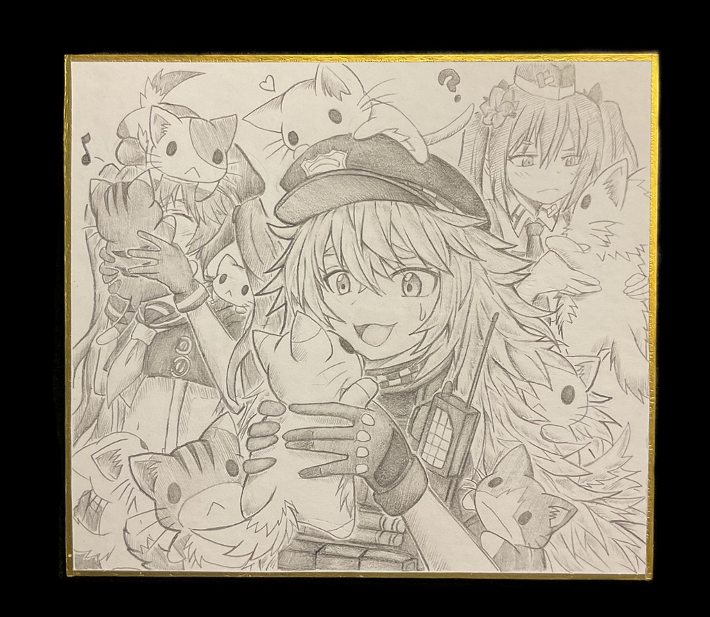 猫を保護したポリたちの色紙イラスト 原画