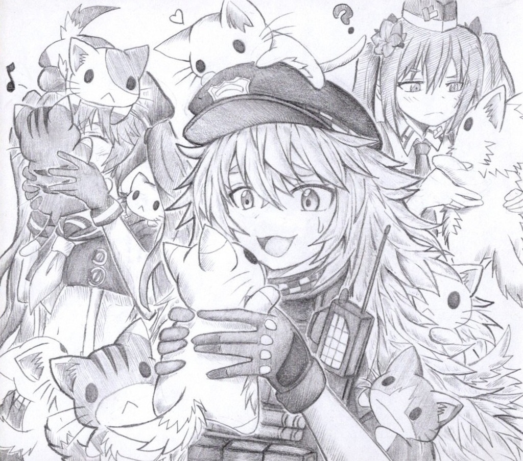 猫を保護したポリたちの色紙イラスト 原画
