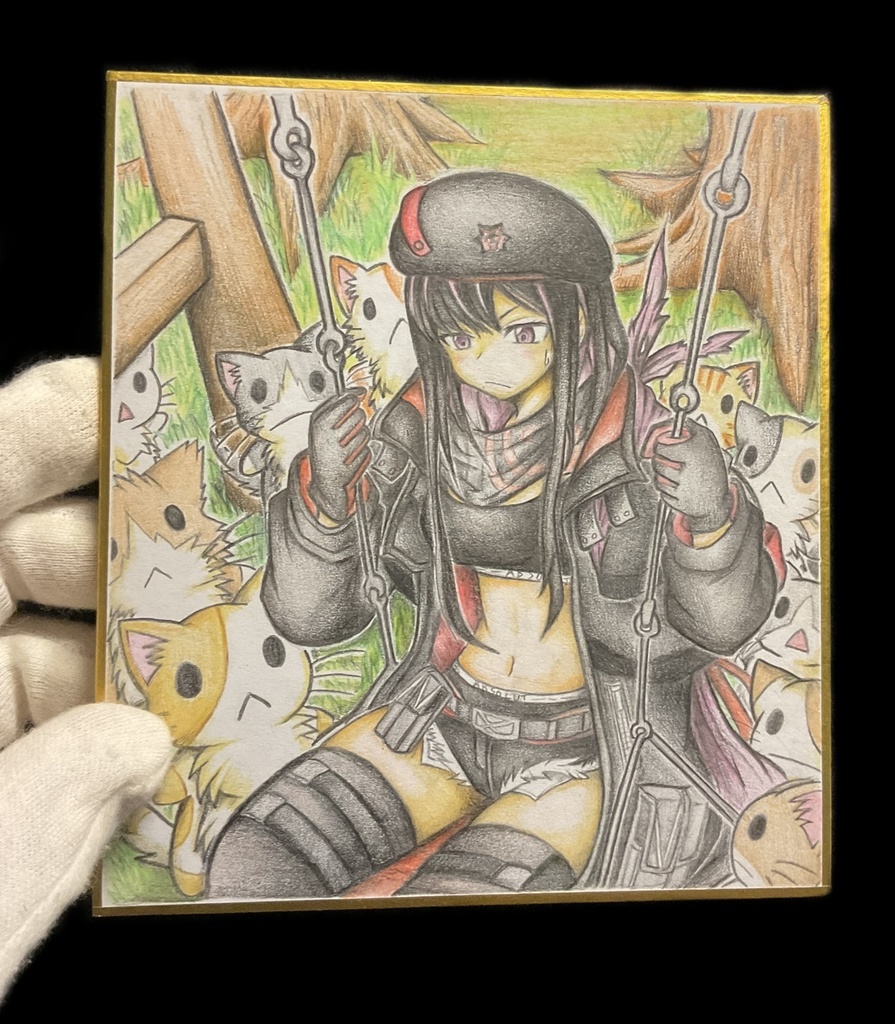 猫に囲まれたウンファの色紙イラスト 原画