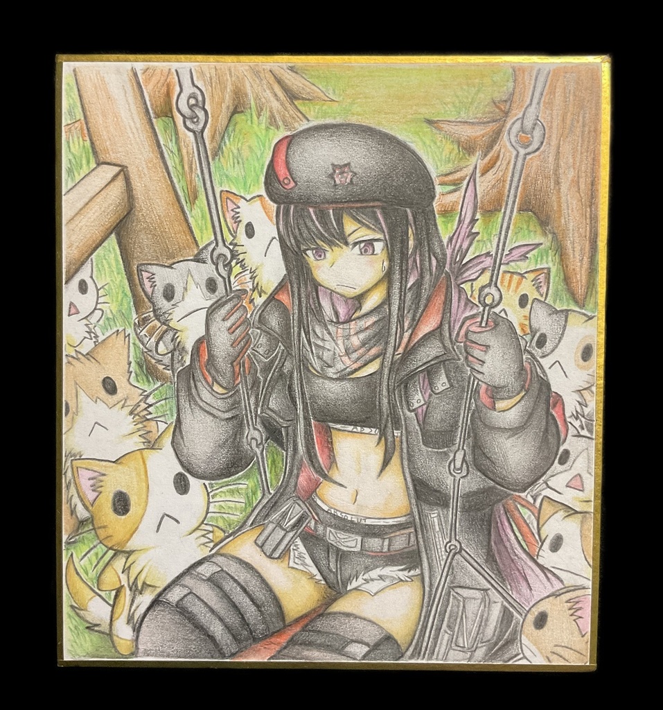 猫に囲まれたウンファの色紙イラスト 原画