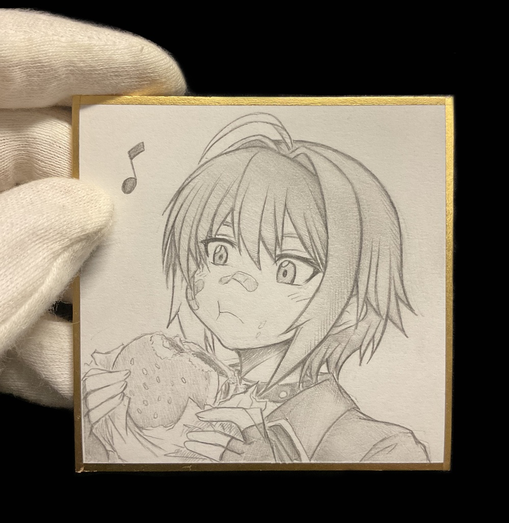 ハンバーガーを食べるモリーの色紙イラスト 原画