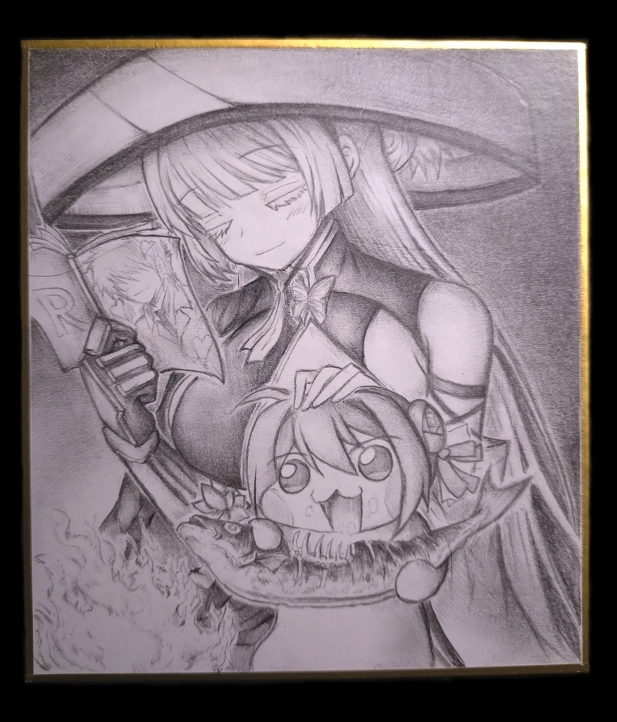 たき火の前でのんびり楽しむDoroとナユタの色紙イラスト 原画