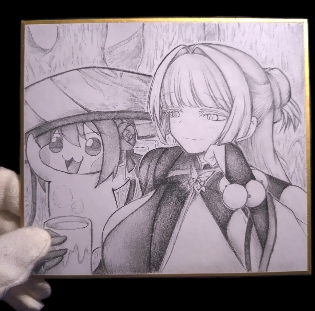 ナユタの笠で遊ぶDoroをほのぼのと見守るナユタの色紙イラスト 原画