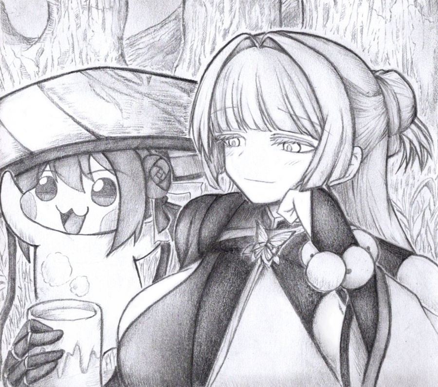 ナユタの笠で遊ぶDoroをほのぼのと見守るナユタの色紙イラスト 原画