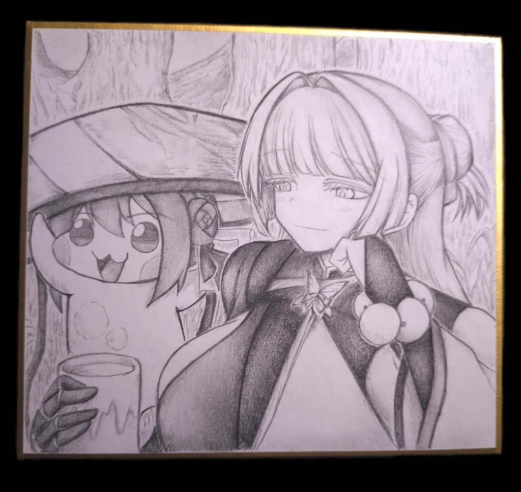 ナユタの笠で遊ぶDoroをほのぼのと見守るナユタの色紙イラスト 原画