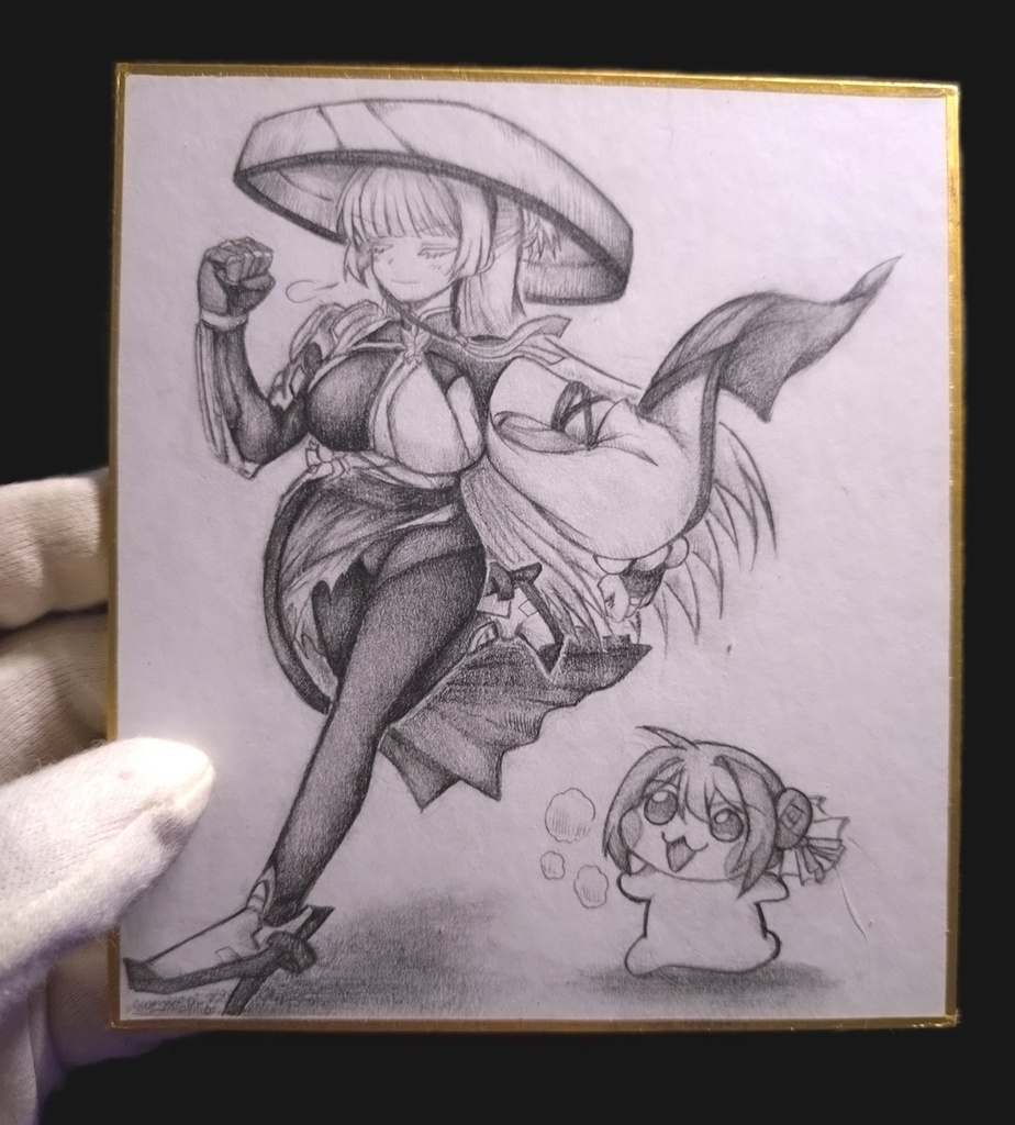 追いかけっこ中のナユタとDoroの色紙イラスト 原画