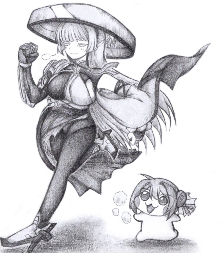 追いかけっこ中のナユタとDoroの色紙イラスト 原画