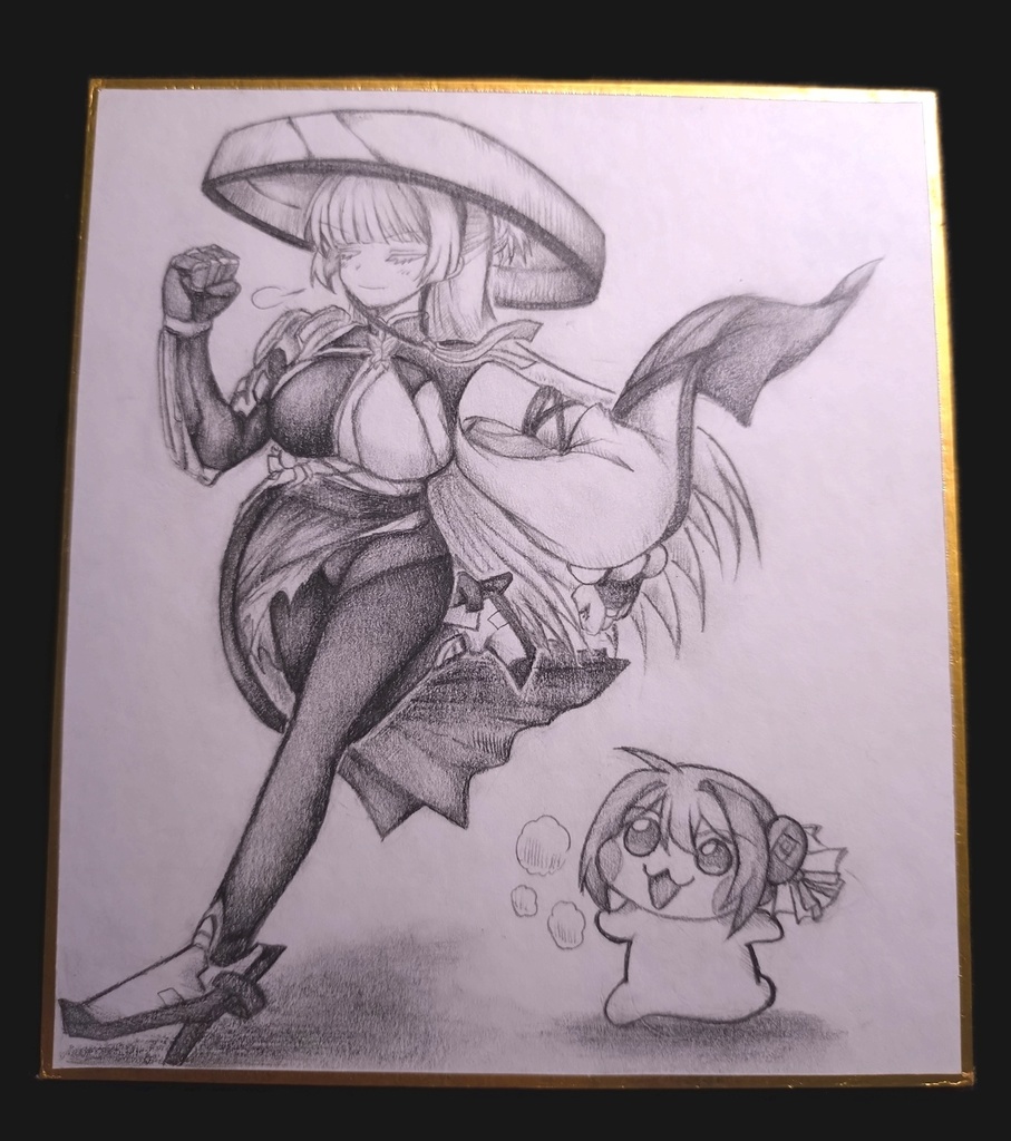 追いかけっこ中のナユタとDoroの色紙イラスト 原画