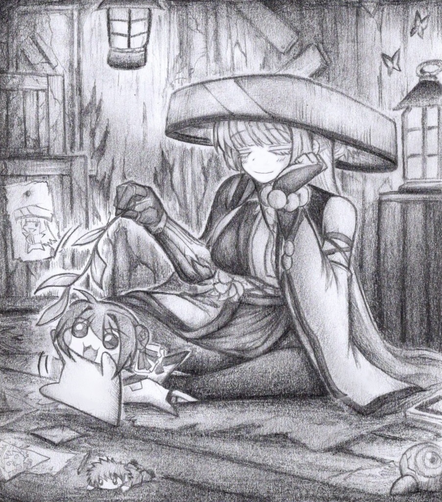 Doroをじゃらすナユタの色紙イラスト 原画