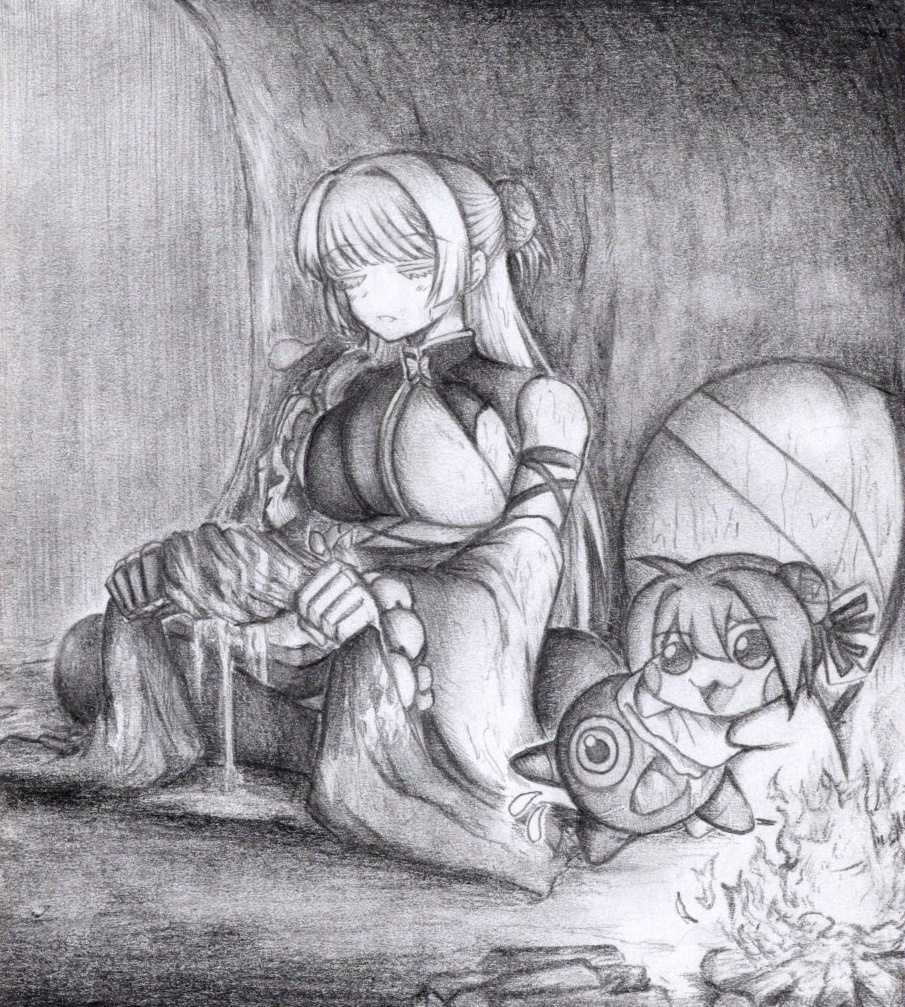 雨宿りするナユタとDoroの色紙イラスト 原画