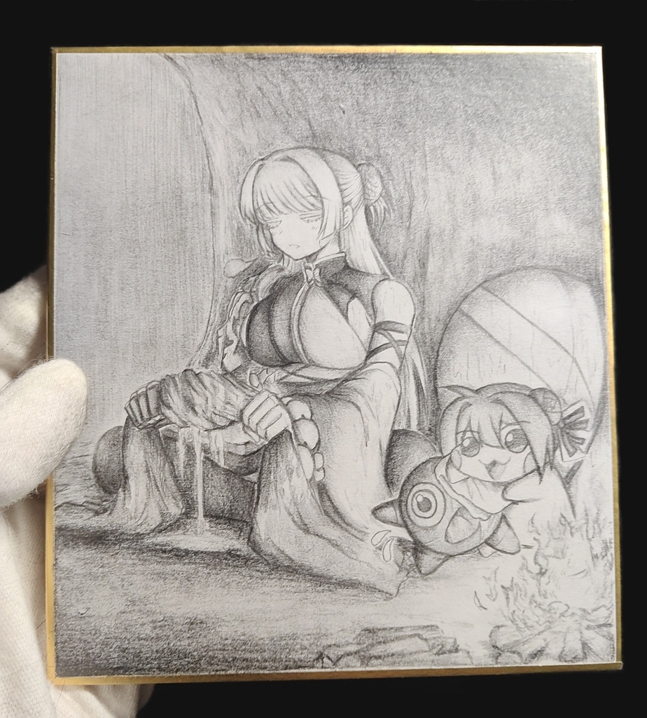 雨宿りするナユタとDoroの色紙イラスト 原画