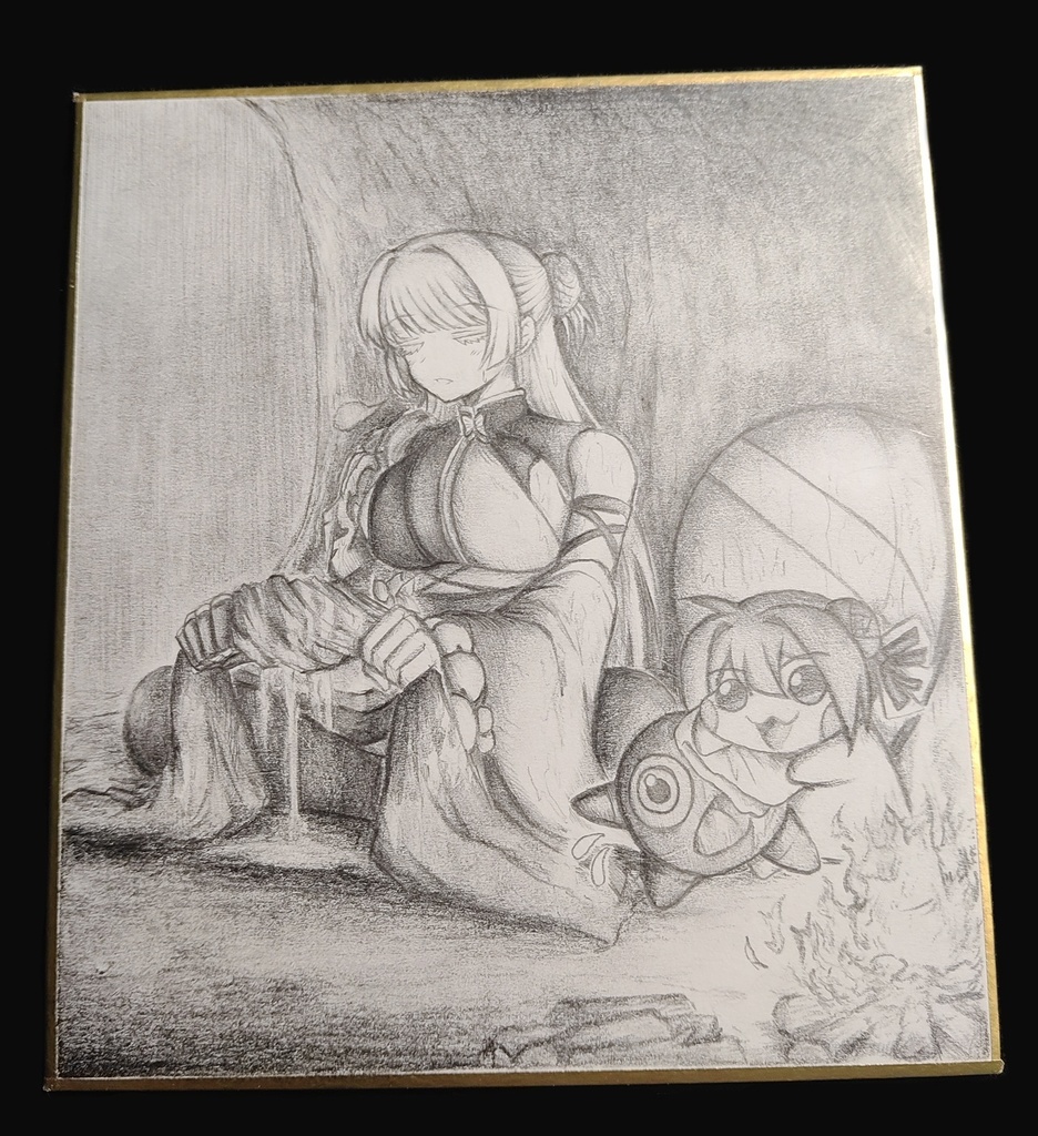 雨宿りするナユタとDoroの色紙イラスト 原画