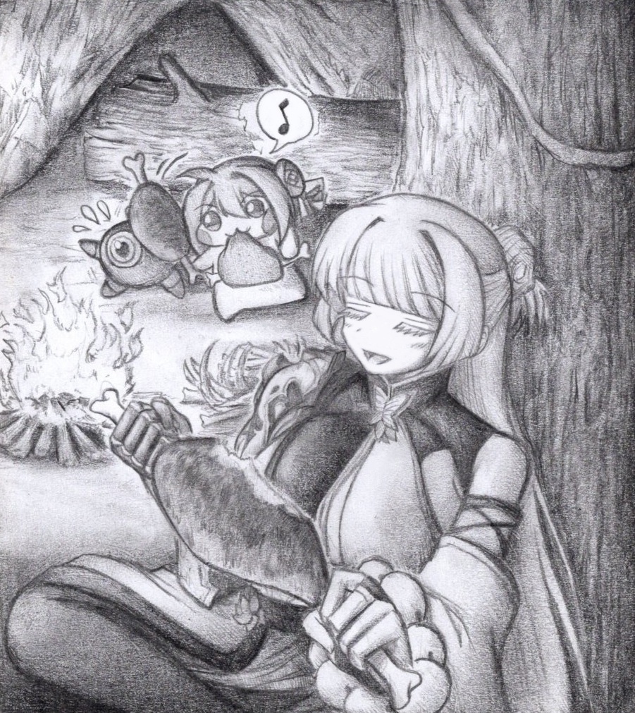 食事を楽しむナユタ達の色紙イラスト 原画