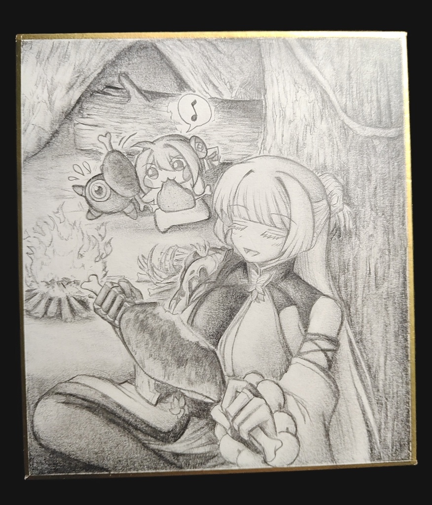 食事を楽しむナユタ達の色紙イラスト 原画