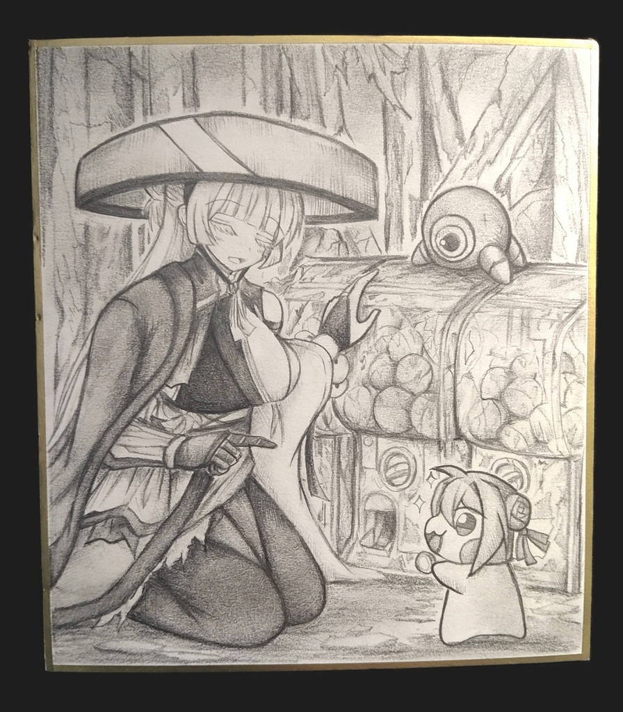 ガチャガチャを教えるナユタの色紙イラスト 原画