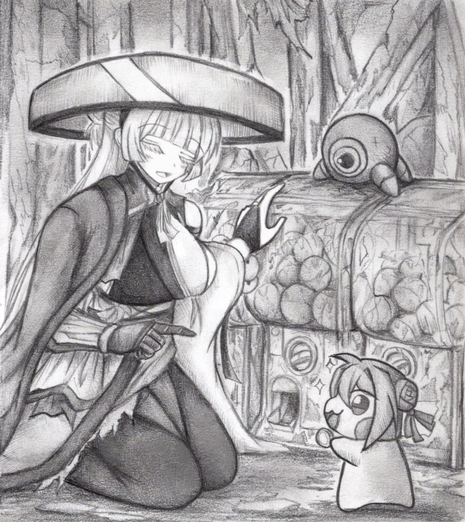 ガチャガチャを教えるナユタの色紙イラスト 原画