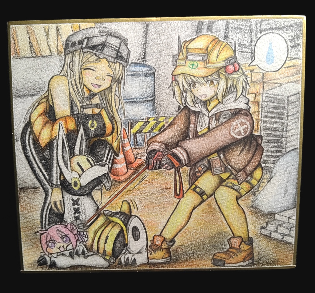 ボルトを散歩に連れて行こうとするリターの色紙イラスト 原画