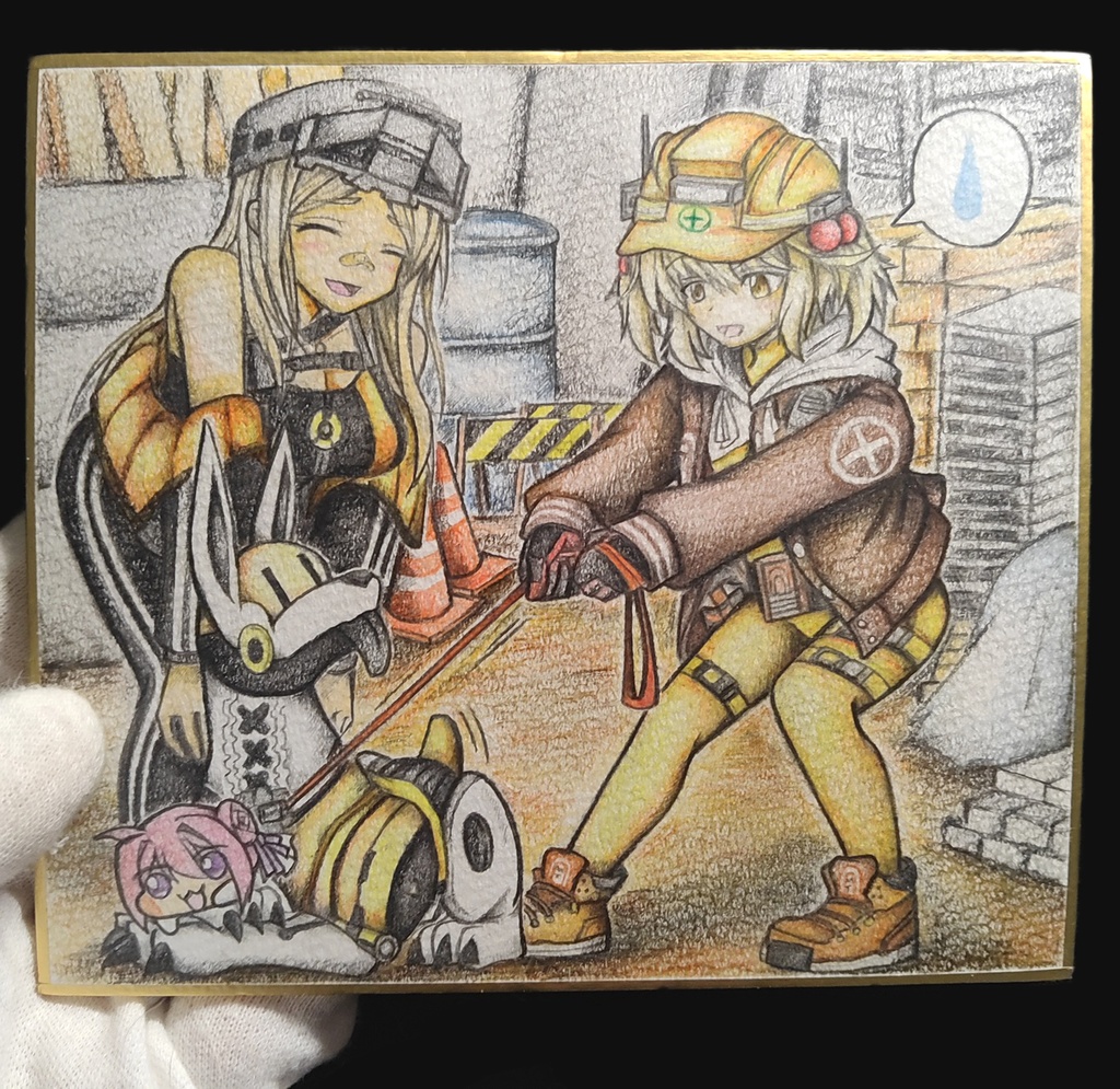 ボルトを散歩に連れて行こうとするリターの色紙イラスト 原画